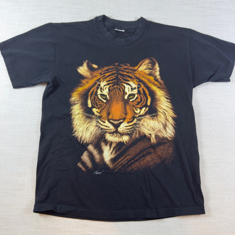Vintage Anvil Tiger Graphic T Shirt Black Mens Large Made in USA Cotton Tee